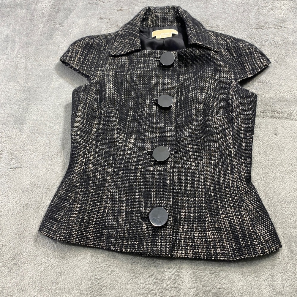 Michael Kors Cap Sleeve Vest Womens 2 Black Tweed Made in Italy Button Front Top